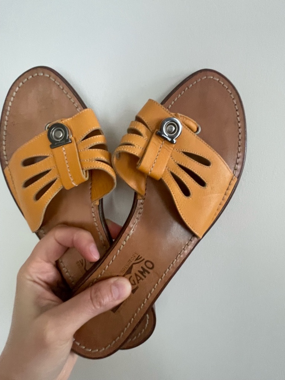 Salvatore Ferragamo Mustard Yellow Leather Slide Sandals 8.5
